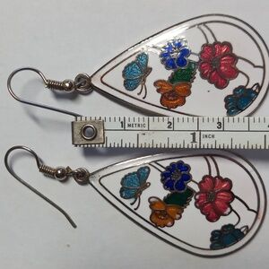Vintage cloisonne enamel pierced earrings with colorful flowers